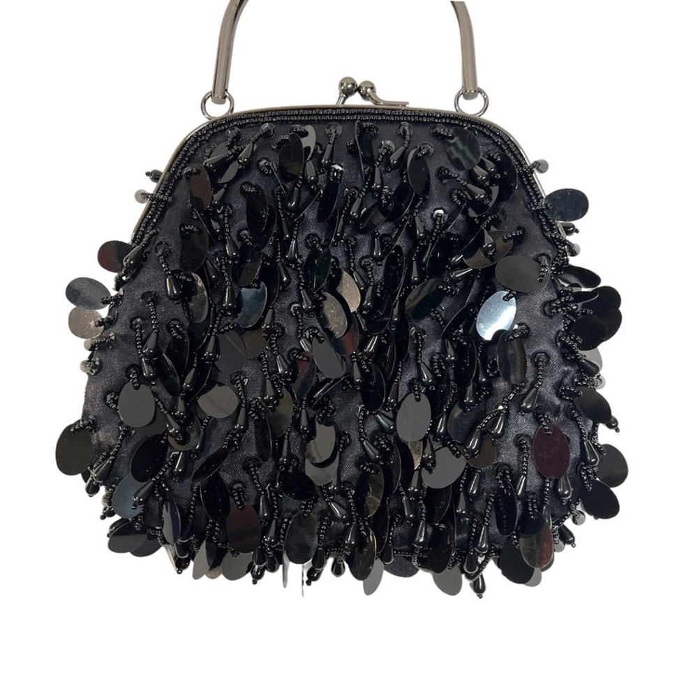 LOFT Black Bead and Sequin Satin Embellished Evening Clutch Pewter hardware NWOT - Picture 8 of 11